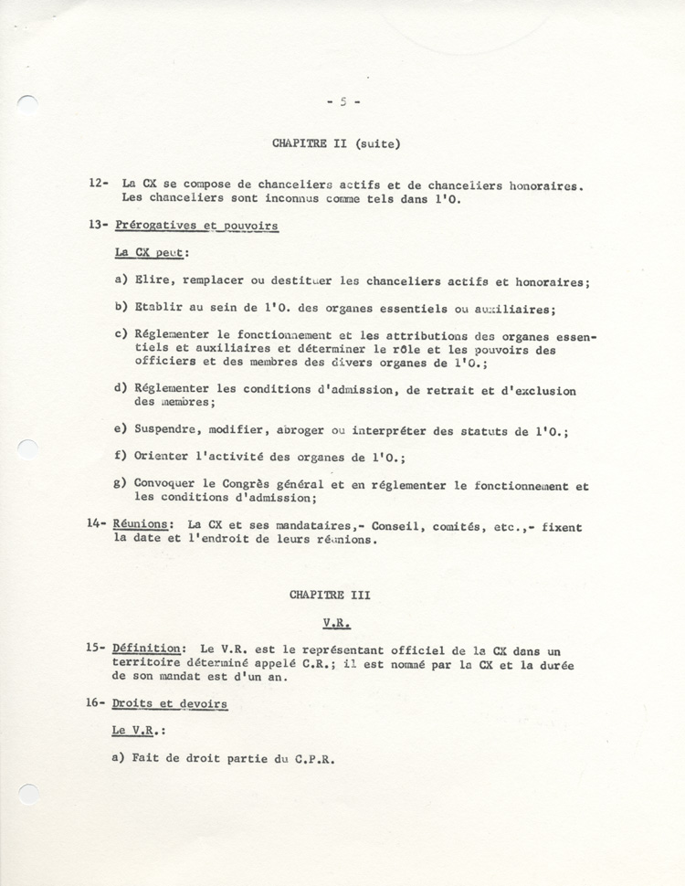 Statuts et r&egrave;glements des Commandeurs de l'Ordre des Franco-Ontariens (COFO), ca 1965.