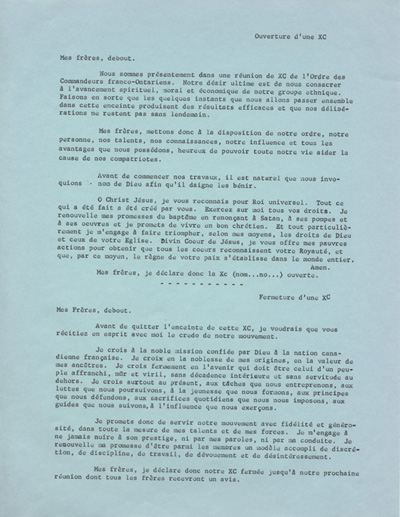 Statuts et r&egrave;glements des Commandeurs de l'Ordre des Franco-Ontariens (COFO), ca 1965.