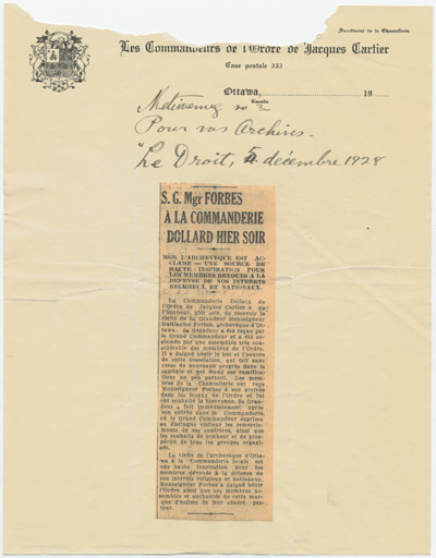 Reproduction d’un article paru dans Le Droit relatant la visite de Mgr Guillaume Forbes, archev&ecirc;que d’Ottawa &agrave; la Commanderie Dollard, 5 d&eacute;cembre 1928.