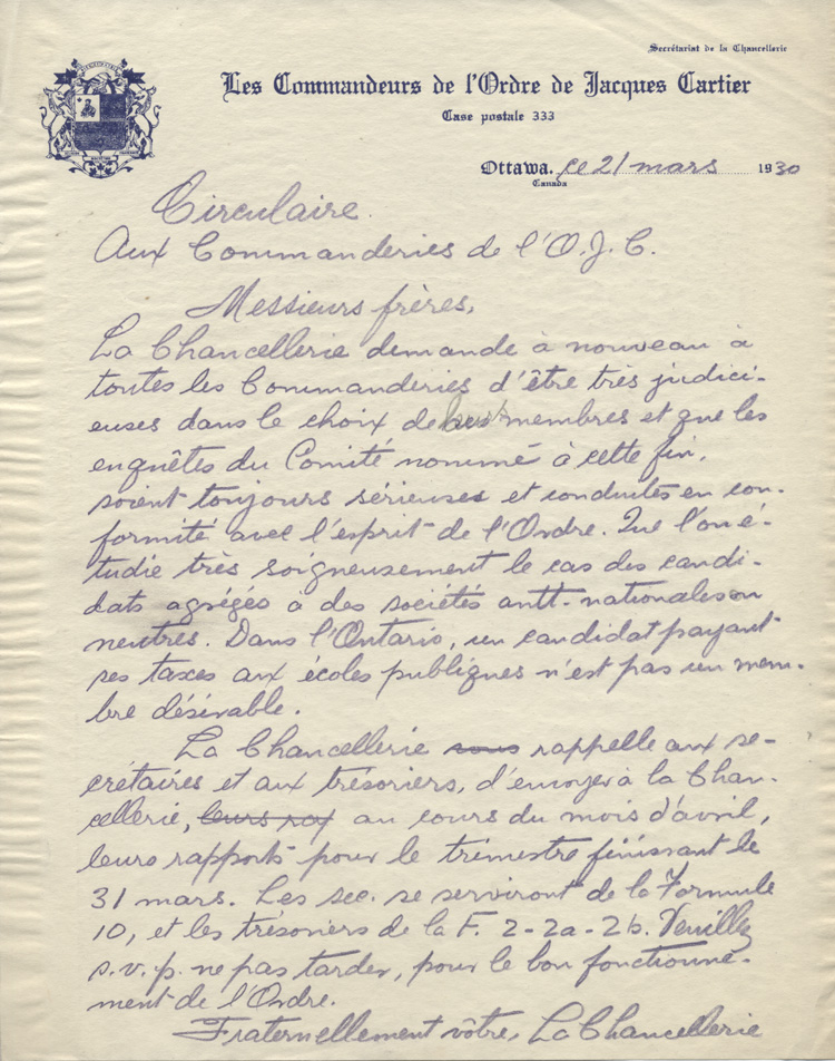  Lettre circulaire envoy&eacute;e aux commanderies de l'Ordre de Jacques Cartier (OJC), 1930.