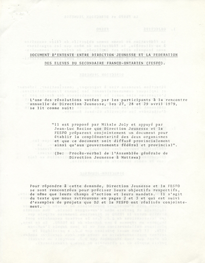Document d'entente entre Direction-Jeunesse et la F&eacute;d&eacute;ration des &eacute;l&egrave;ves du secondaire franco-ontarien