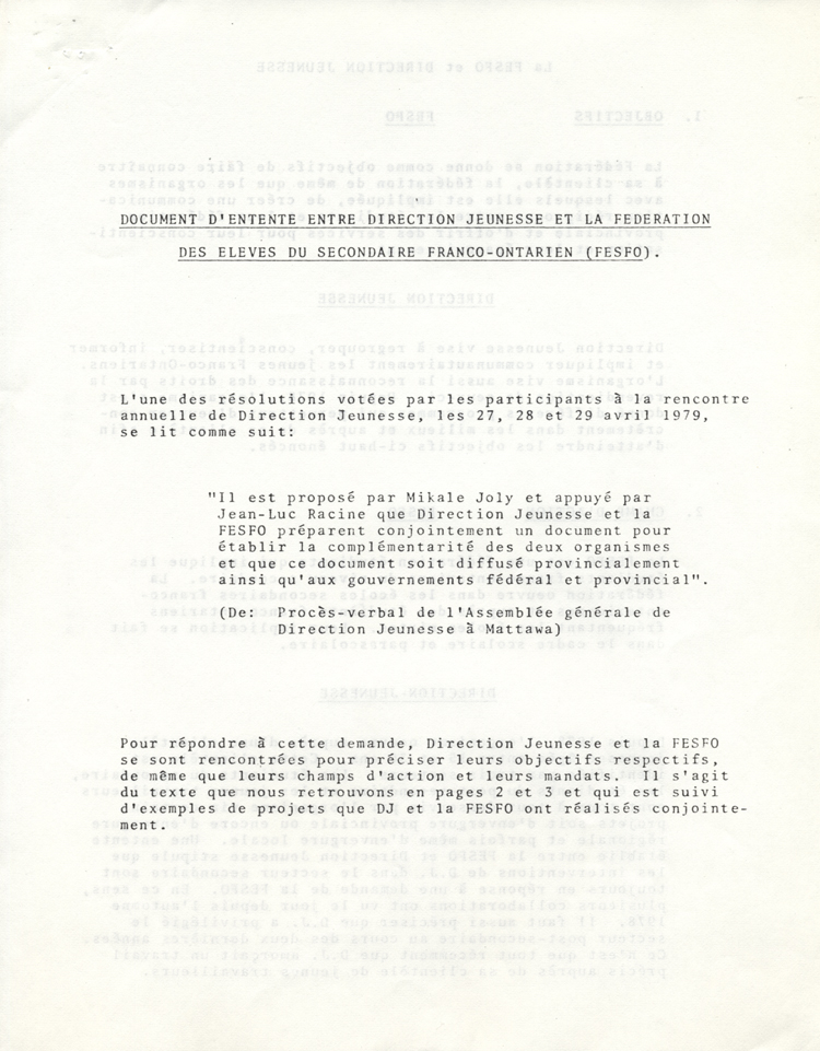 Document d'entente entre Direction-Jeunesse et la F&eacute;d&eacute;ration des &eacute;l&egrave;ves du secondaire franco-ontarien