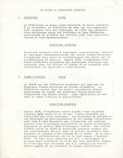 Document d'entente entre Direction-Jeunesse et la F&eacute;d&eacute;ration des &eacute;l&egrave;ves du secondaire franco-ontarien