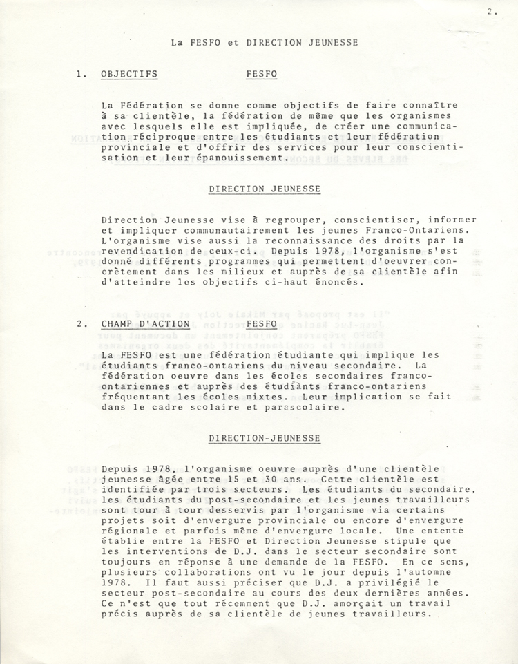 Document d'entente entre Direction-Jeunesse et la F&eacute;d&eacute;ration des &eacute;l&egrave;ves du secondaire franco-ontarien