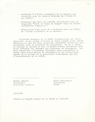 Document d'entente entre Direction-Jeunesse et la F&eacute;d&eacute;ration des &eacute;l&egrave;ves du secondaire franco-ontarien
