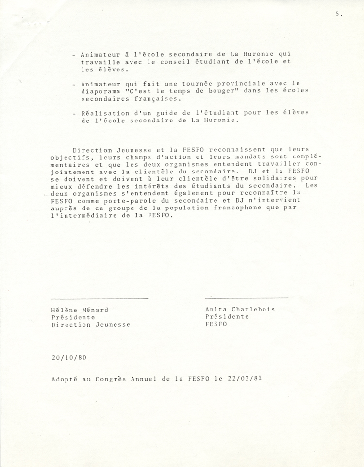 Document d'entente entre Direction-Jeunesse et la F&eacute;d&eacute;ration des &eacute;l&egrave;ves du secondaire franco-ontarien