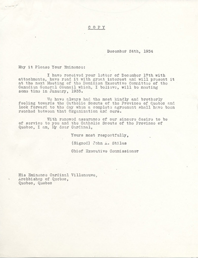 R&eacute;ponse de John A. Stiles, commissaire en chef de l'ex&eacute;cutif du Conseil g&eacute;n&eacute;ral canadien de la Boy Scouts Association of Canada (1934)