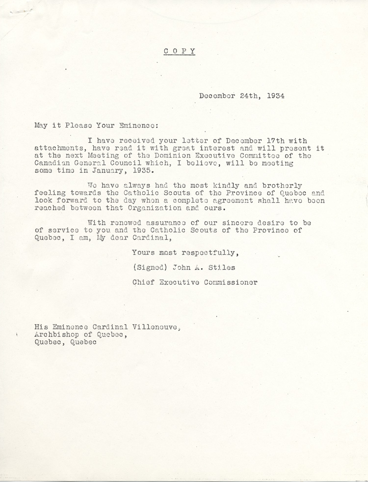 R&eacute;ponse de John A. Stiles, commissaire en chef de l'ex&eacute;cutif du Conseil g&eacute;n&eacute;ral canadien de la Boy Scouts Association of Canada (1934)