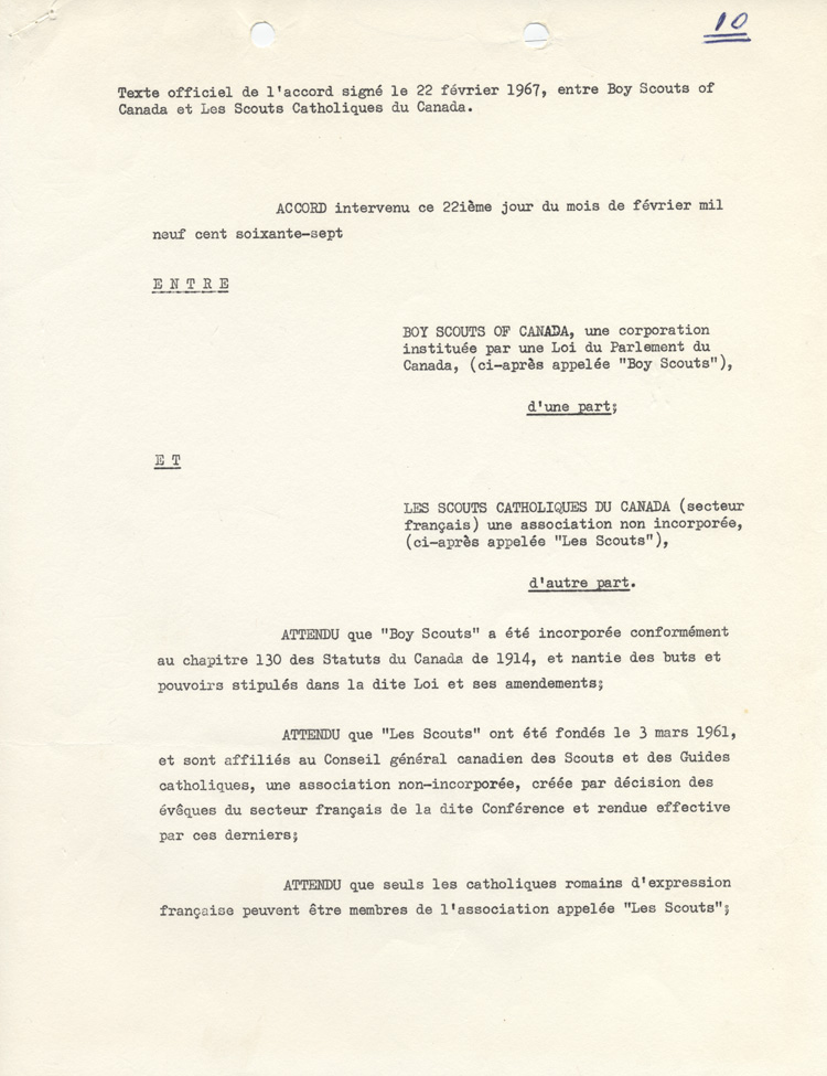 accord sign&eacute; le 22 f&eacute;vrier 1967 entre la Boy Scouts Association of Canada et l'Association des scouts catholiques du Canada