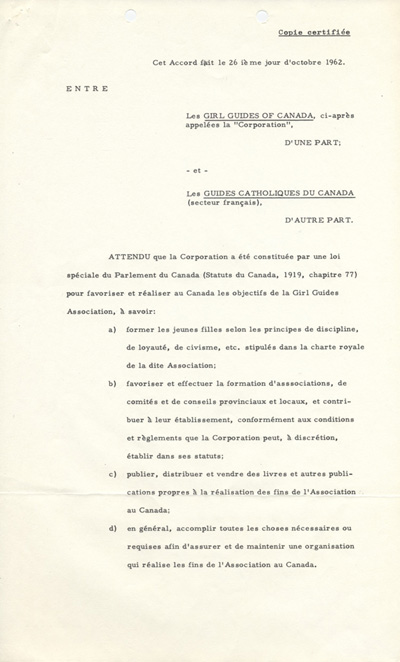 accord sign&eacute; entre les Girl Guides of Canada et les Guides catholiques du Canada (1962)