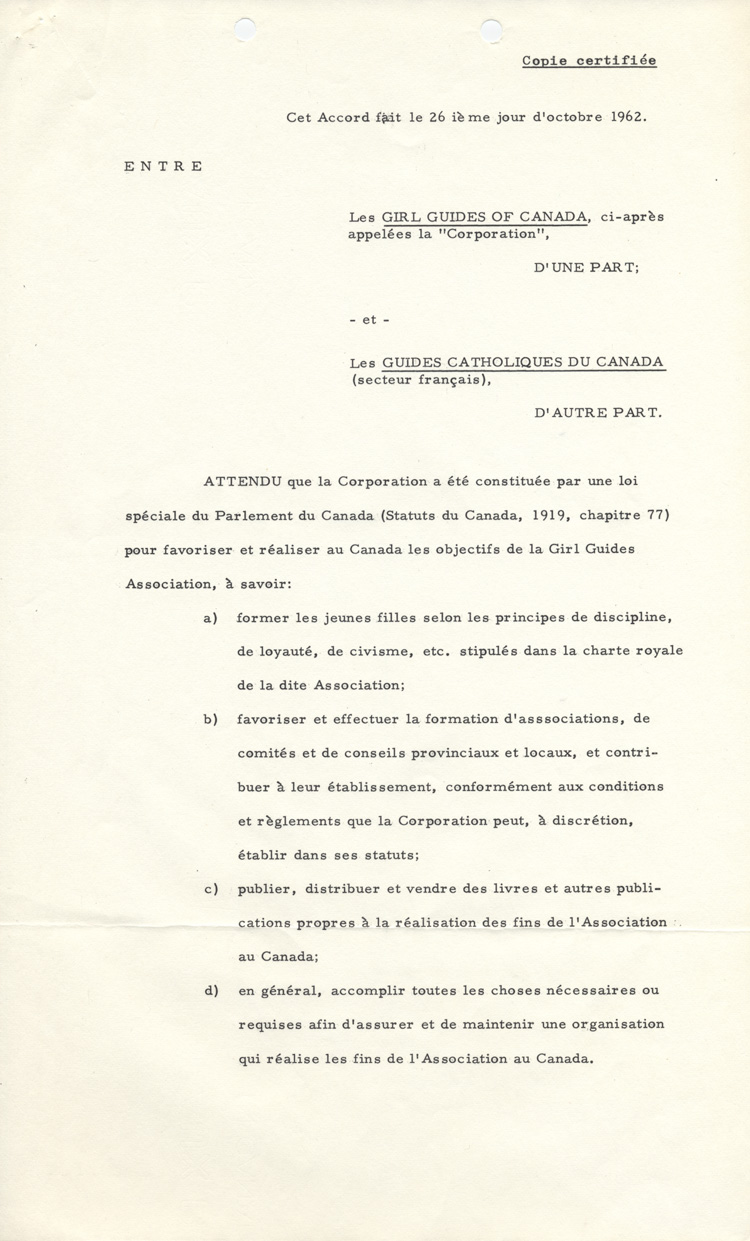 accord sign&eacute; entre les Girl Guides of Canada et les Guides catholiques du Canada (1962)