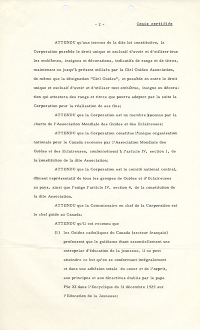 'accord sign&eacute; entre les Girl Guides of Canada et les Guides catholiques du Canada (1962)