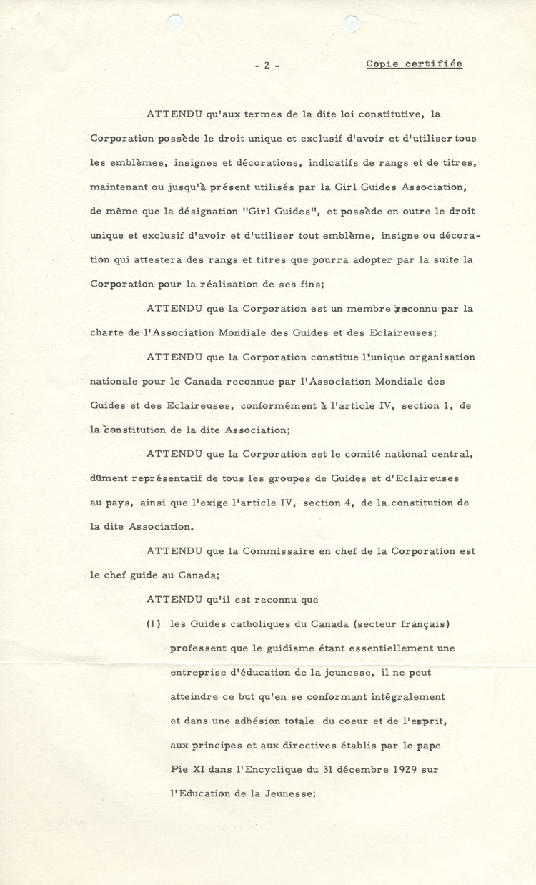 'accord sign&eacute; entre les Girl Guides of Canada et les Guides catholiques du Canada (1962)