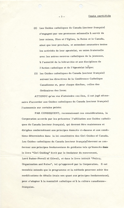 'accord sign&eacute; entre les Girl Guides of Canada et les Guides catholiques du Canada (1962)