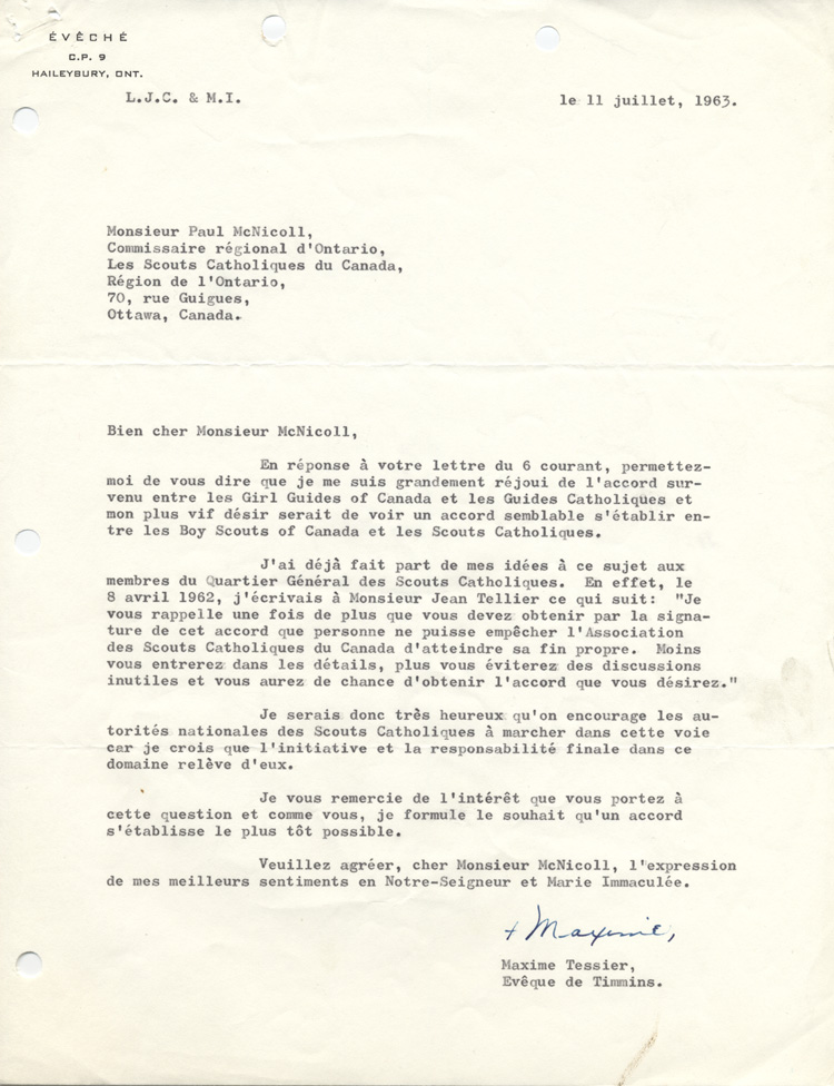 Lettre de Maxime Tessier, &eacute;v&ecirc;que de Timmins, &agrave; Paul McNicoll (1963)