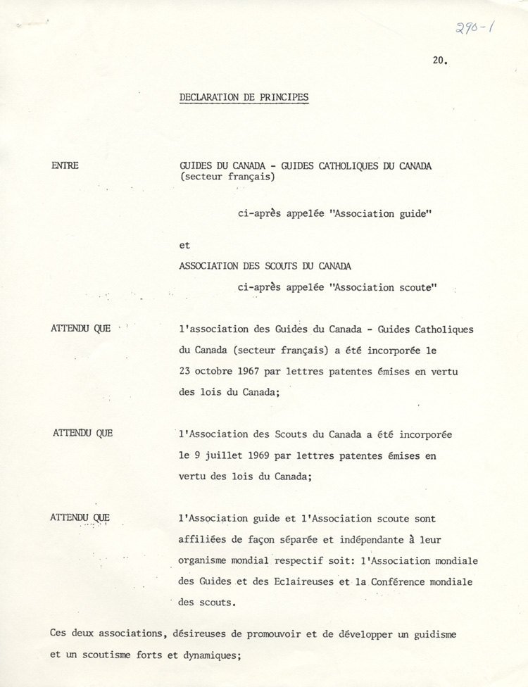 D&eacute;claration de principes entre les Guides catholiques du Canada et l'Association des scouts du Canada (1980)