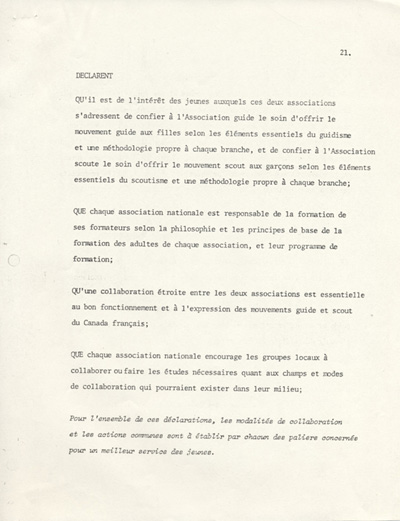 D&eacute;claration de principes entre les Guides catholiques du Canada et l'Association des scouts du Canada (1980)
