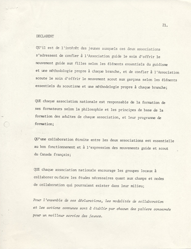 D&eacute;claration de principes entre les Guides catholiques du Canada et l'Association des scouts du Canada (1980)
