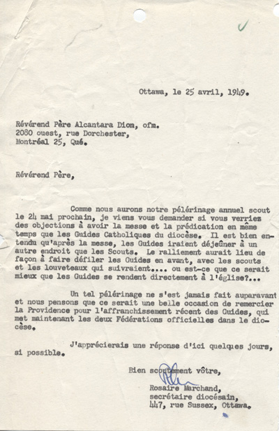 Lettre de Rosaire Marchand, secr&eacute;taire dioc&eacute;sain, au p&egrave;re Alcantara Dion (1949)