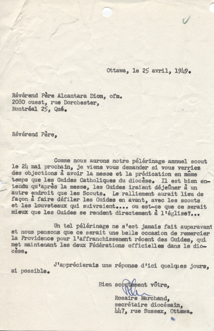 Lettre de Rosaire Marchand, secr&eacute;taire dioc&eacute;sain, au p&egrave;re Alcantara Dion (1949)
