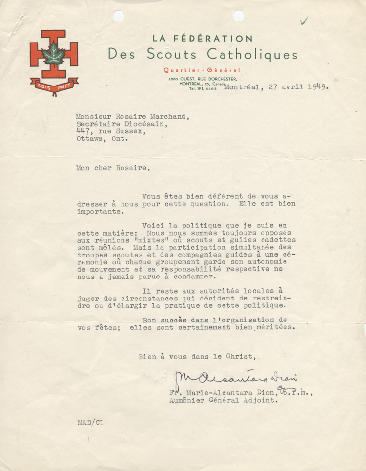 R&eacute;ponse du p&egrave;re Alcantara Dion, aum&ocirc;nier g&eacute;n&eacute;ral adjoint de la F&eacute;d&eacute;ration des scouts catholiques, &agrave; Rosaire Marchand (1949)
