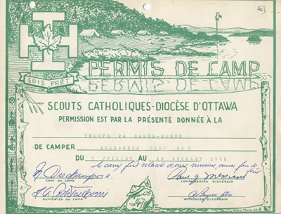 Permis de camp accord&eacute; &agrave; la 2e troupe de la paroisse Sacr&eacute;-Coeur d'Ottawa (1962)