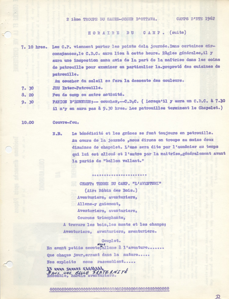 Horaire du camp d'&eacute;t&eacute; de la 2e troupe de la paroisse Sacr&eacute;-Coeur d'Ottawa (1962)