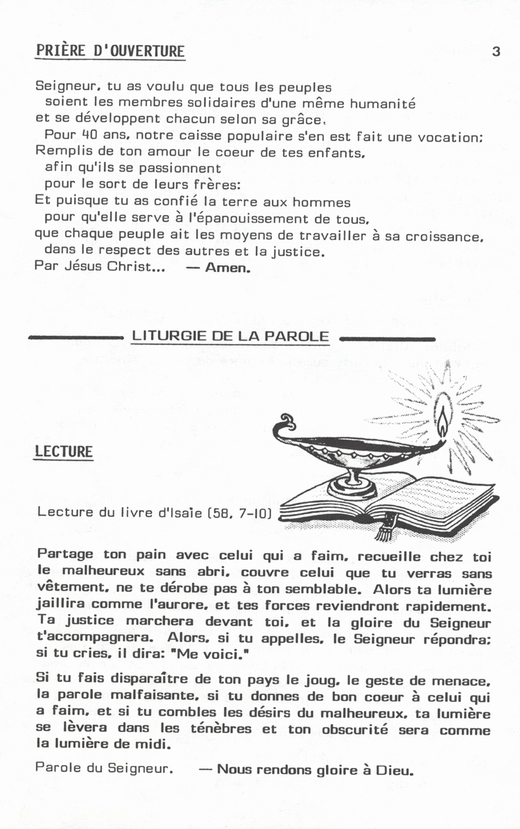 Reproduction de la prière récitée au début de la messe parue dans le programme du 40e anniversaire de la Caisse populaire de Welland (Ontario), 8 février 1987