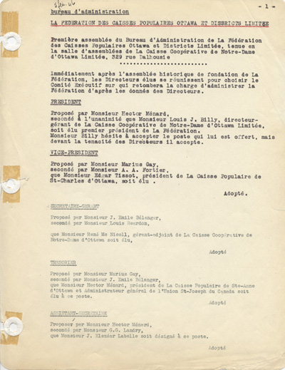 Reproduction de la premi&egrave;re page de la premi&egrave;re assembl&eacute;e du Bureau d’administration de la F&eacute;d&eacute;ration des caisses populaires Ottawa et districts, 5 f&eacute;vrier 1946.