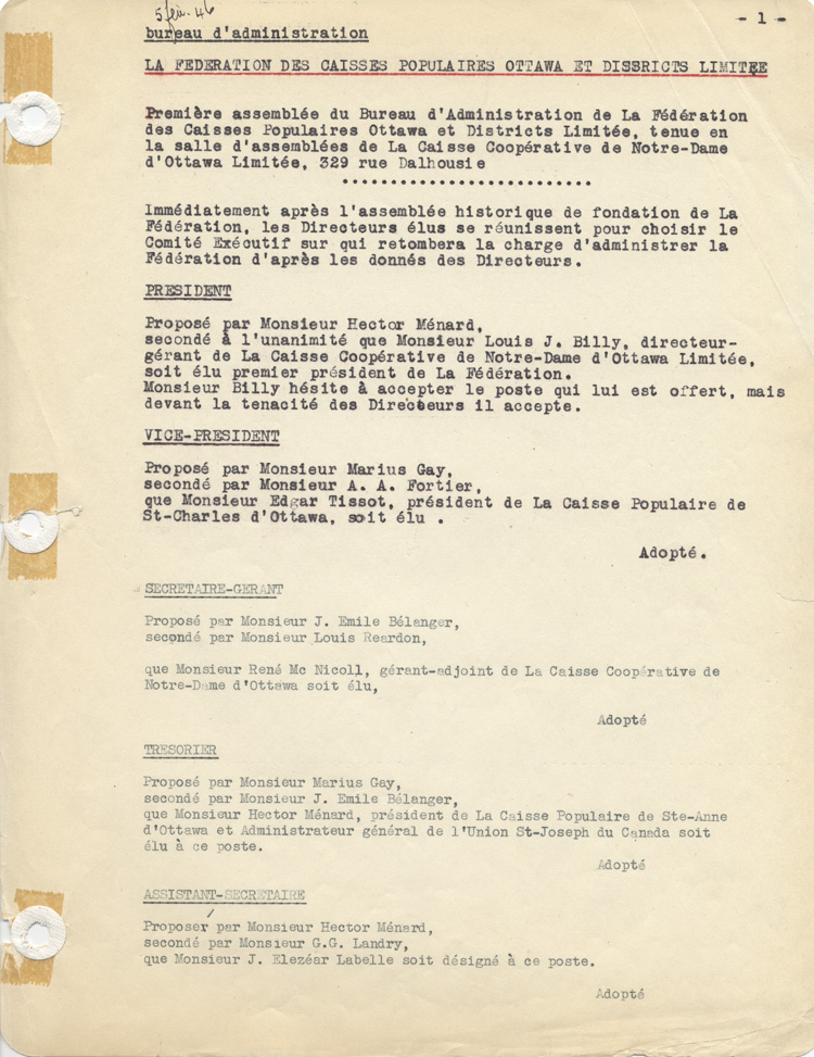 Reproduction de la premi&egrave;re page de la premi&egrave;re assembl&eacute;e du Bureau d’administration de la F&eacute;d&eacute;ration des caisses populaires Ottawa et districts, 5 f&eacute;vrier 1946.