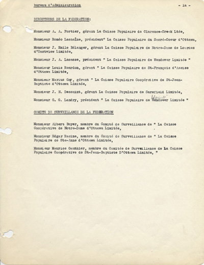 Reproduction de la  page 1a de la premi&egrave;re assembl&eacute;e du Bureau d’administration de la F&eacute;d&eacute;ration des caisses populaires Ottawa et districts, 5 f&eacute;vrier 1946.
