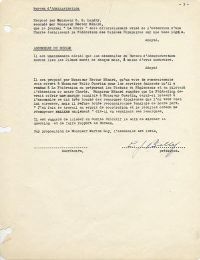 Reproduction de la troisi&egrave;me page de la premi&egrave;re assembl&eacute;e du Bureau d’administration de la F&eacute;d&eacute;ration des caisses populaires Ottawa et districts, 5 f&eacute;vrier 1946.