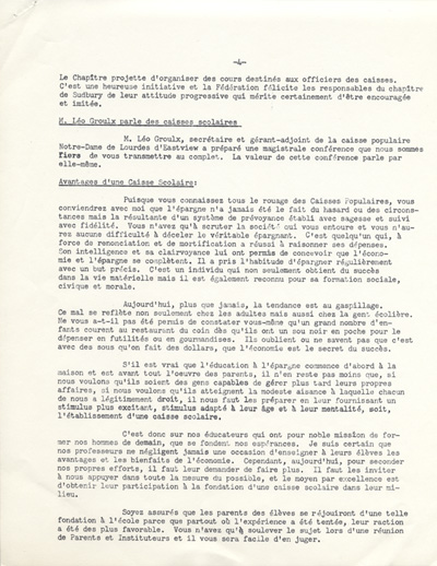 Reproduction de la premi&egrave;re page d’un article paru dans Lettre-bulletin de la F&eacute;d&eacute;ration des caisses populaires canadiennes-fran&ccedil;aises de l’Ontario au sujet des caisses scolaires, avril 1960 
