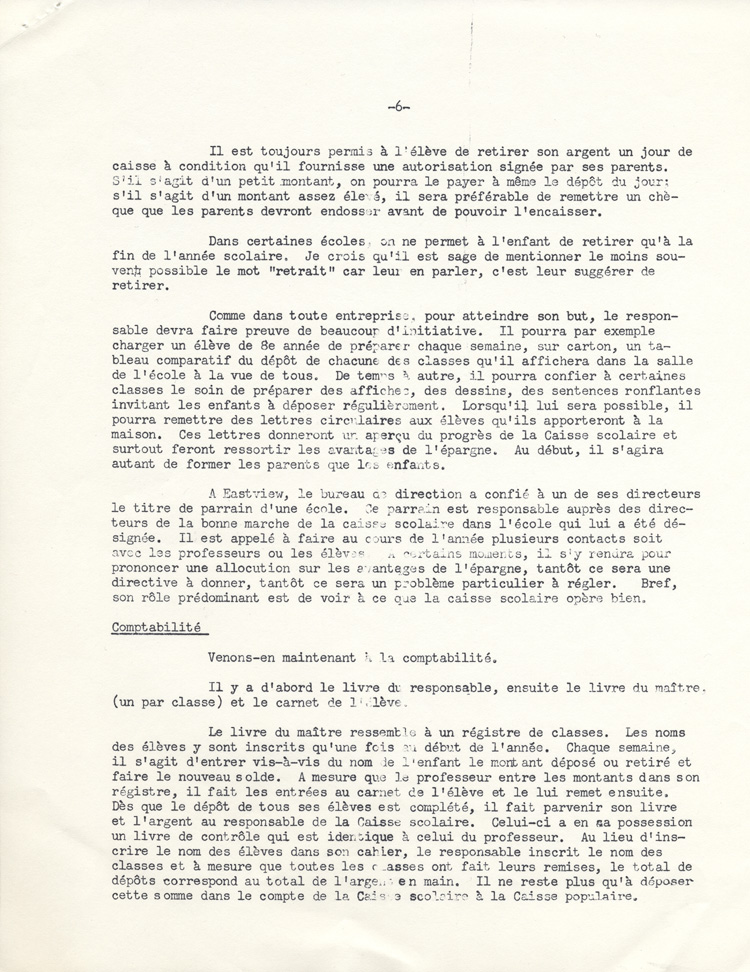 Reproduction de la troisi&egrave;me page d’un article paru dans Lettre-bulletin de la F&eacute;d&eacute;ration des caisses populaires canadiennes-fran&ccedil;aises de l’Ontario au sujet des caisses scolaires, avril 1960 