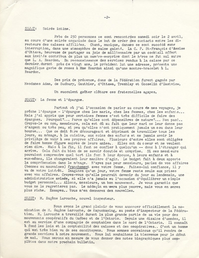 Reproduction d’un extrait de la Lettre-bulletin de la F&eacute;d&eacute;ration des caisses populaires canadiennes-fran&ccedil;aises de l’Ontario, au sujet du r&ocirc;le &eacute;conomique de la m&egrave;re de famille,  avril 1960.