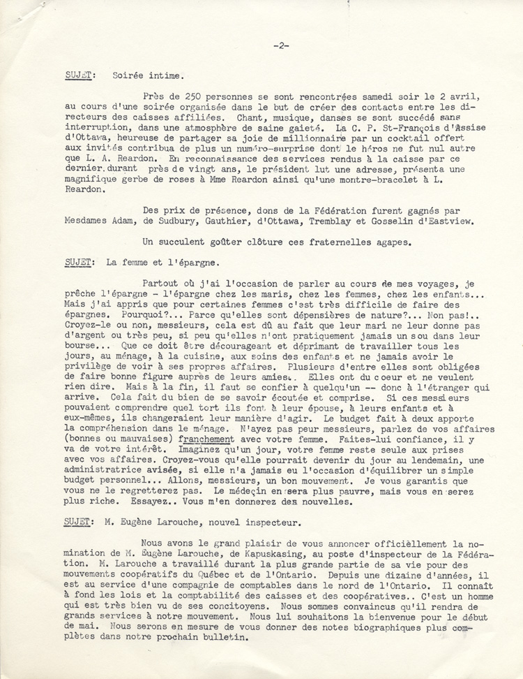 Reproduction d’un extrait de la Lettre-bulletin de la F&eacute;d&eacute;ration des caisses populaires canadiennes-fran&ccedil;aises de l’Ontario, au sujet du r&ocirc;le &eacute;conomique de la m&egrave;re de famille,  avril 1960.