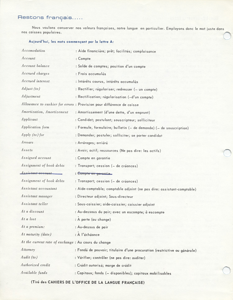 Reproduction d’un article paru dans l’Actualit&eacute;s-Caisses de la F&eacute;d&eacute;ration des caisses populaires de l’Ontario donnant une liste d’anglicismes et des termes justes &agrave; utiliser en fran&ccedil;ais, automne-hiver 1975.