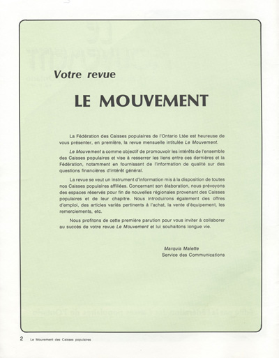 Reproduction de la deuxi&egrave;me page de Le Mouvement des caisses populaires de l’Ontario publi&eacute; par la F&eacute;d&eacute;ration des caisses populaires de l’Ontario, 1er avril 1978