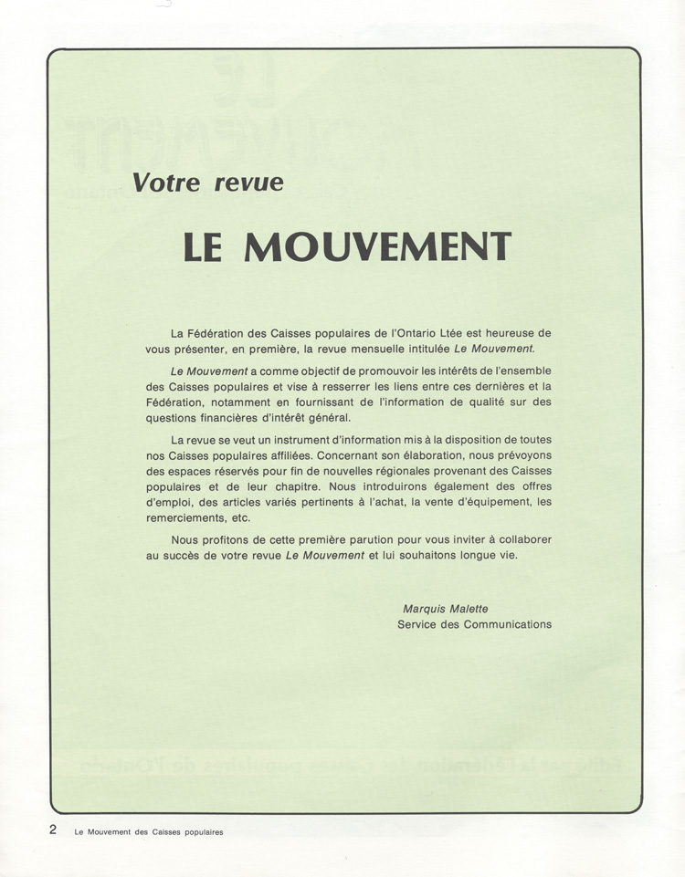 Reproduction de la deuxi&egrave;me page de Le Mouvement des caisses populaires de l’Ontario publi&eacute; par la F&eacute;d&eacute;ration des caisses populaires de l’Ontario, 1er avril 1978
