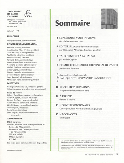Reproduction de la troisi&egrave;me page de Le Mouvement des caisses populaires de l’Ontario publi&eacute; par la F&eacute;d&eacute;ration des caisses populaires de l’Ontario, 1er avril 1978