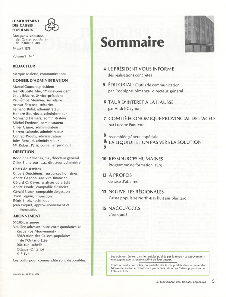 Reproduction de la troisi&egrave;me page de Le Mouvement des caisses populaires de l’Ontario publi&eacute; par la F&eacute;d&eacute;ration des caisses populaires de l’Ontario, 1er avril 1978