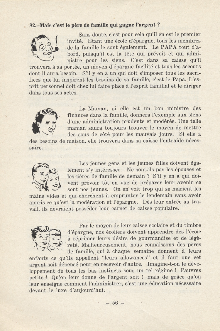 Reproduction d’un extrait de la publication Qu’est-ce qu’une caisse Desjardins? par l’abb&eacute; Ad&eacute;lard-J. Couture, au sujet du r&ocirc;le &eacute;conomique du p&egrave;re et de la m&egrave;re de famille, ca 1951.