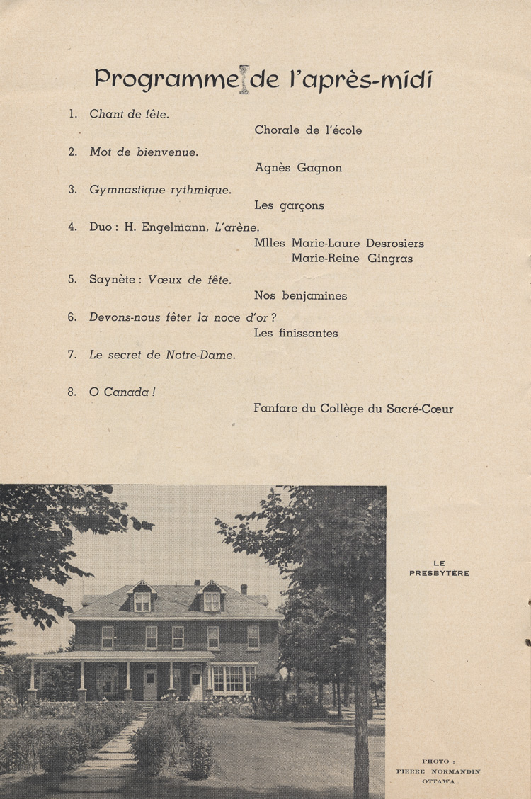 Reproduction de la dixi&egrave;me page du programme des c&eacute;l&eacute;brations du jubil&eacute; d'or sacerdotal de Mgr Oscar Racette, cur&eacute; de Verner (Ontario), le 23 mai 1955, 1955.