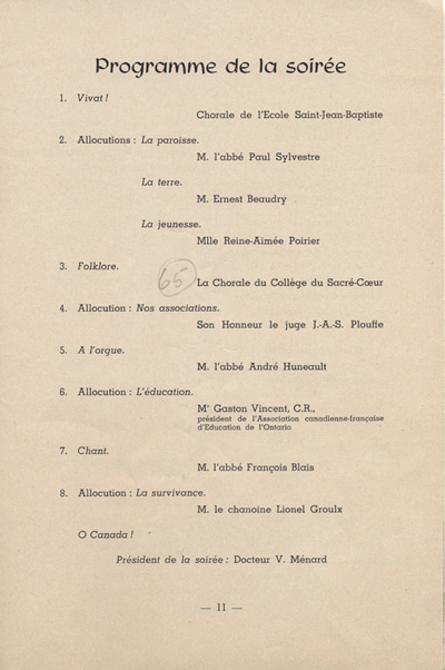 Reproduction de la onzi&egrave;me page du programme des c&eacute;l&eacute;brations du jubil&eacute; d'or sacerdotal de Mgr Oscar Racette, cur&eacute; de Verner (Ontario), le 23 mai 1955, 1955.