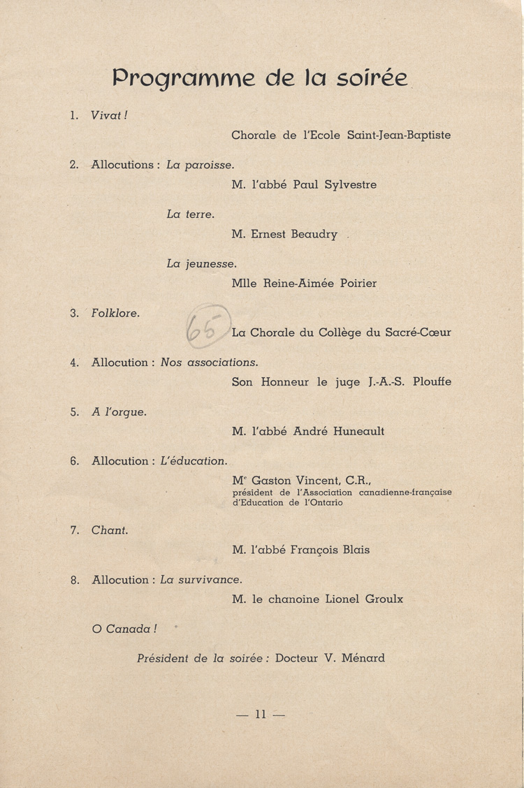 Reproduction de la onzi&egrave;me page du programme des c&eacute;l&eacute;brations du jubil&eacute; d'or sacerdotal de Mgr Oscar Racette, cur&eacute; de Verner (Ontario), le 23 mai 1955, 1955.