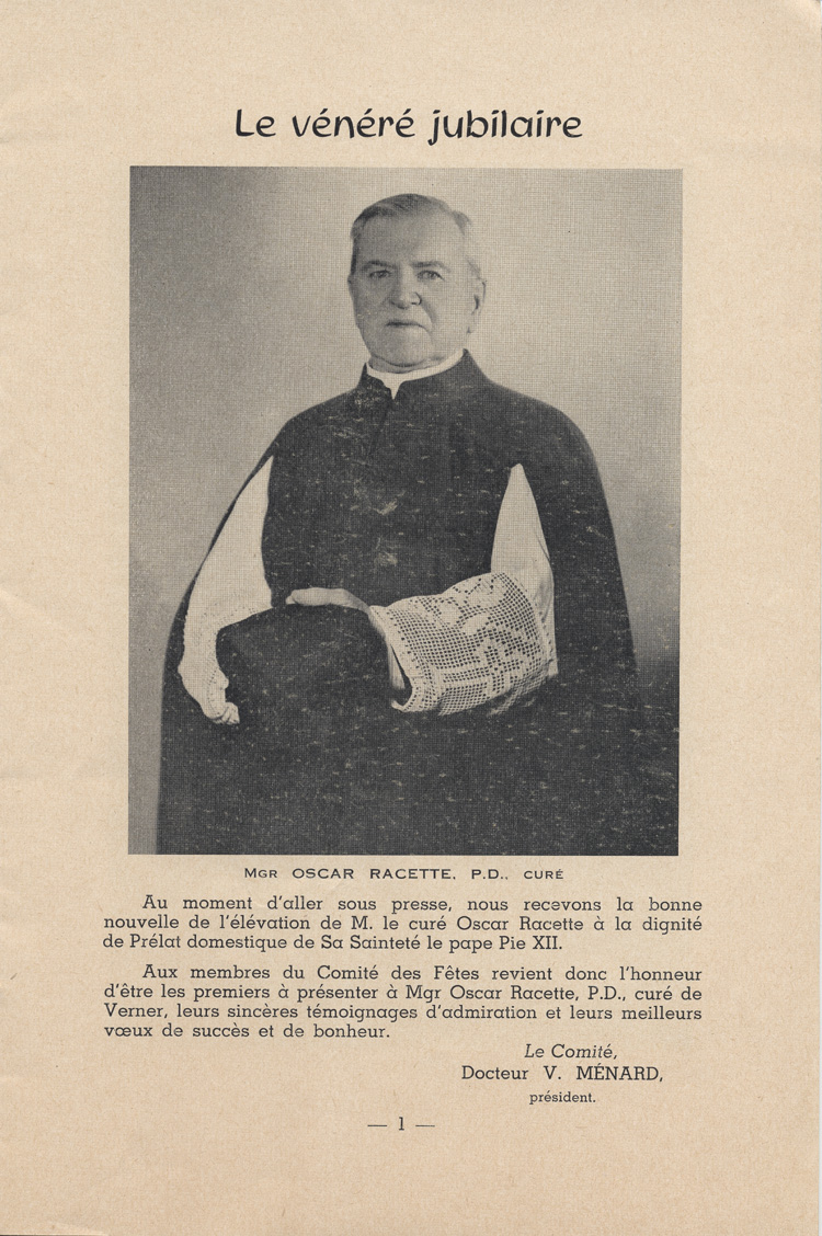 Reproduction de la premi&egrave;re page du programme des c&eacute;l&eacute;brations du jubil&eacute; d'or sacerdotal de Mgr Oscar Racette, cur&eacute; de Verner (Ontario), le 23 mai 1955, 1955.