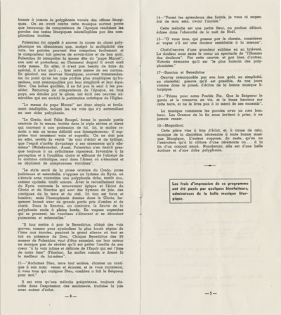 Reproduction de la quatri&egrave;me et de la cinqui&egrave;me page du programme du cinquanti&egrave;me anniversaire de publication du Motu Proprio de Pie X sur la musique sacr&eacute;e, concert du Choeur Palestrina &agrave; l'&eacute;glise du Sacr&eacute;-Coeur d'Ottawa, le 2 d&eacute;cembre 1953, 1953.