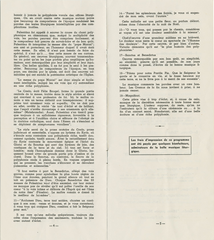 Reproduction de la quatri&egrave;me et de la cinqui&egrave;me page du programme du cinquanti&egrave;me anniversaire de publication du Motu Proprio de Pie X sur la musique sacr&eacute;e, concert du Choeur Palestrina &agrave; l'&eacute;glise du Sacr&eacute;-Coeur d'Ottawa, le 2 d&eacute;cembre 1953, 1953.