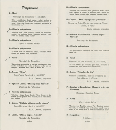Reproduction de la page de titre du programme du cinquanti&egrave;me anniversaire de publication du Motu Proprio de Pie X sur la musique sacr&eacute;e, concert du Choeur Palestrina &agrave; l'&eacute;glise du Sacr&eacute;-Coeur d'Ottawa, le 2 d&eacute;cembre 1953, 1953
