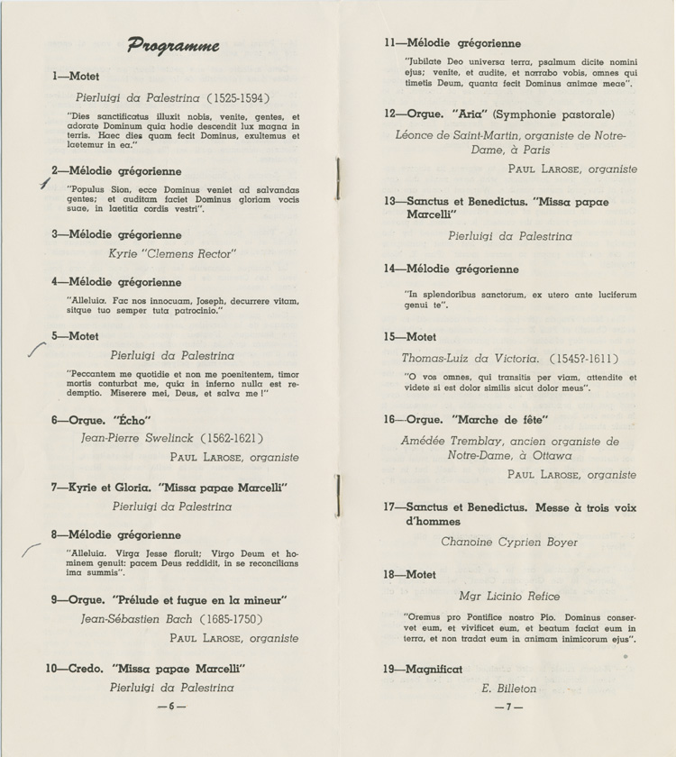Reproduction de la page de titre du programme du cinquantième anniversaire de publication du Motu Proprio de Pie X sur la musique sacrée, concert du Choeur Palestrina à l'église du Sacré-Coeur d'Ottawa, le 2 décembre 1953, 1953